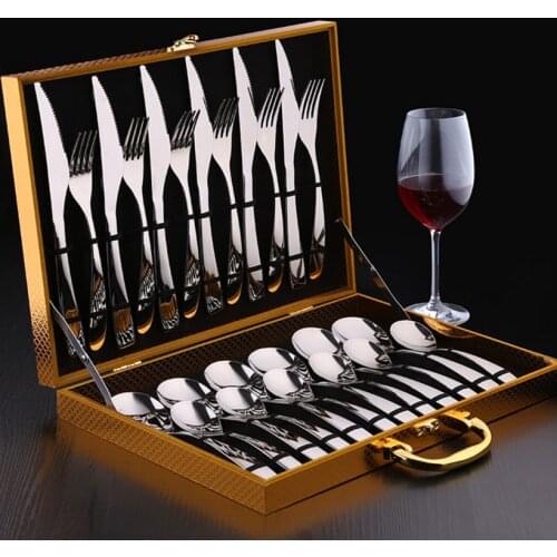 24-Piece Silver Flatware Cutlery Set, Stainless Steel Western Steak Cutlery Set Mirror Finish, Dishwasher Safe D30