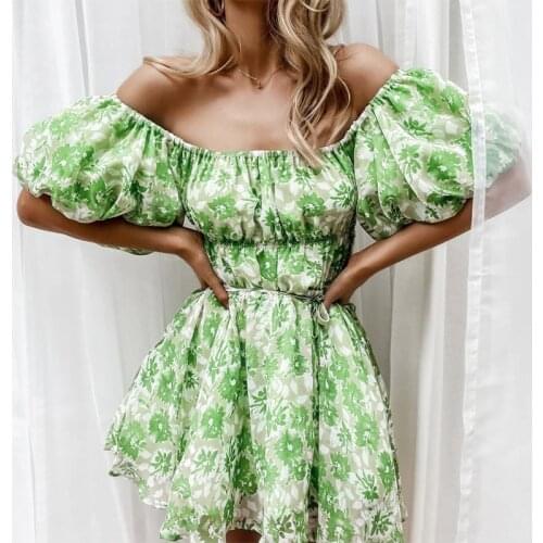 New Off Shoulder Puff Sleeve Women Mini Dress Sweet Floral Print Lace-up Female Chiffon Dresses 2021 Summer Ladies Cute Vestidos
