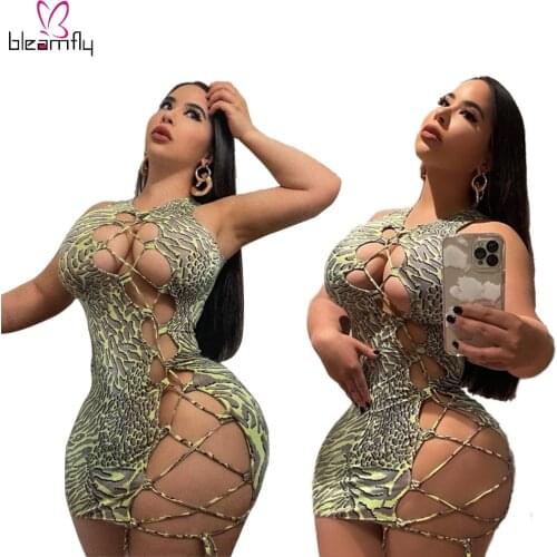 New Cut Out Snake Printed Night Club Sexy Dress Women Lace Up Skinny Bodycon Plus Size Short Mini Beach Dresses 3XL 4XL 2021