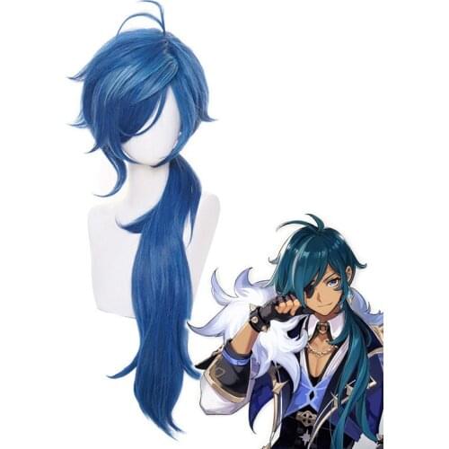 Genshin Impact Kaeya Green Blue Curly Long Cosplay Wigs Heat Resistant Synthetic Hair Halloween Carnival Party + Free Wig Cap