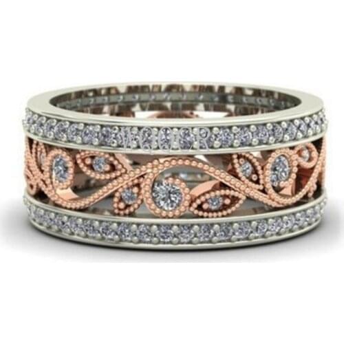Stunning Two Tone Womens Gold Mixed Color Paved CZ Wedding Rings Hollow Out Rhinestone Ring Bridal Jewelry