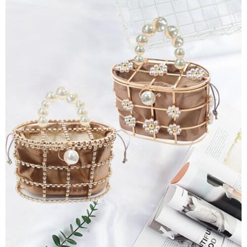 Luxury Womens Clutch Bag Pearl Rhinestone Beaded Hollow Out Metallic Female Handbag Fashion Party Wedding Evening Bag ZD1568