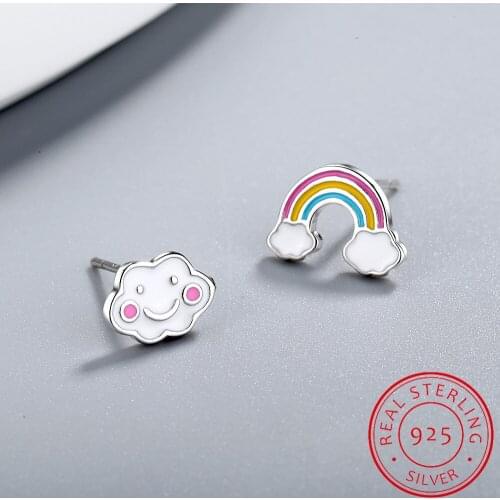 Real Pure 925 Sterling Silver Stud Earring for Women Cute Korean and Japanese Ear Pierced Could Rainbow Earrings Kids Girl