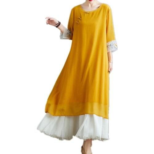 Uego 2021 New Arrival Loose Summer Dress Fashion Embroidery Patchwork Cotton Linen Chinese Style Dress Women Casual Midi Dress