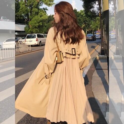 Spring Autumn Women Windbreaker Coat Casual Chiffon Splice Pleated Long Trench Coat Loose Office Lady Belted Thin Trench Female