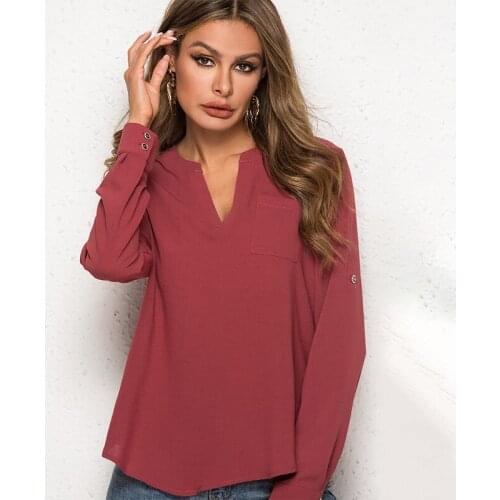 Summer T-Shirt Women Office Career Shirts Tops Fashion Casual Long Sleeve V-Neck Pocket Femme Blusa Magliette Donna