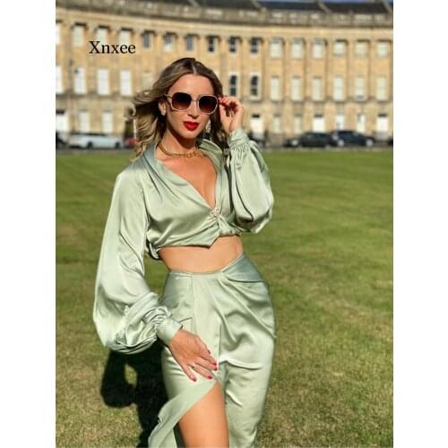 Women 2 Piece Set Lantern Sleeve Cross Crop Top Ruched High Slit Midi Skirt Elegant Party Sexy Club Autumn Winter Clothing