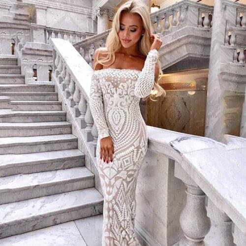 Off Shoulder Lace Fishtail Dress Party Women Elegant Long Sleeve Embroidered White Dresses Woman Evening Bride Smaid Vestidos