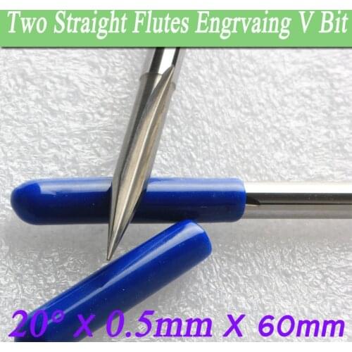2Pcs Two Flutes Straight V Bit rosewood cutter 20 degree 0.5mm Tip 60mm Length Cutting Machine Deep CNC Milling Tool