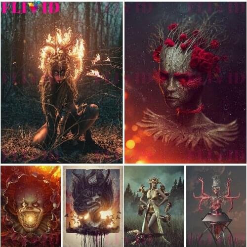 Abstract Fantasy Witch Performance Art Poster And Print The Witch Draws The Fire Of Hell Wall Art Canvas Painting Decor Unframed