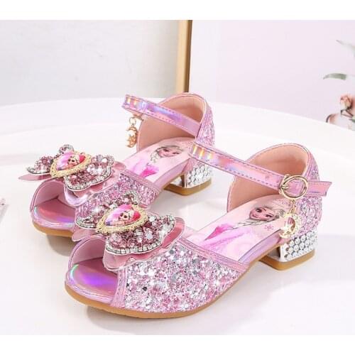 Frozen Elsa Princess Shoes Childrens High-Heeled Sandals Summer Girls Bow Crystal Shoes Small Middle Big Children Soft Bottom