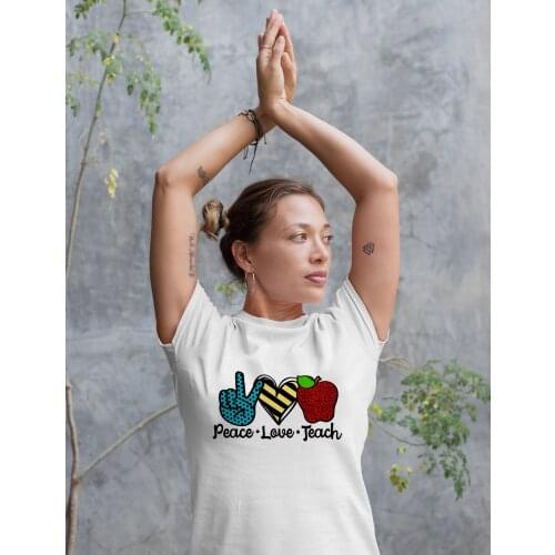 Peace Love Teach Print Women Graphic Tees Harajuku Casual Teacher T-shirt Short Sleeve O-neck Aesthetic T Shirts Camisetas Mujer