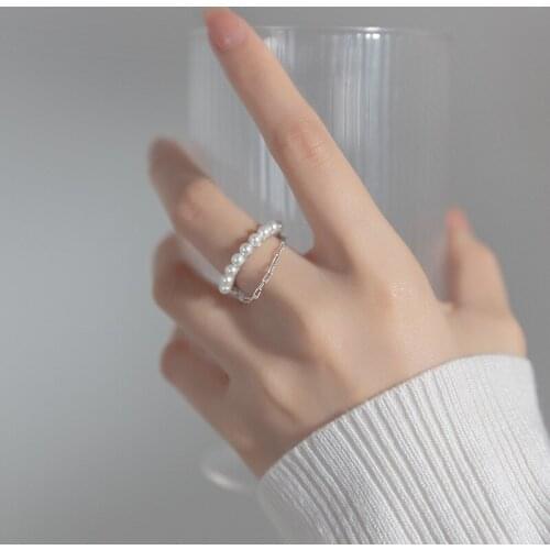 Genuine 925 Sterling Silver Seashell Pearl Chain Open Ring Korean Style Double Layered Adjustable Rings for Women