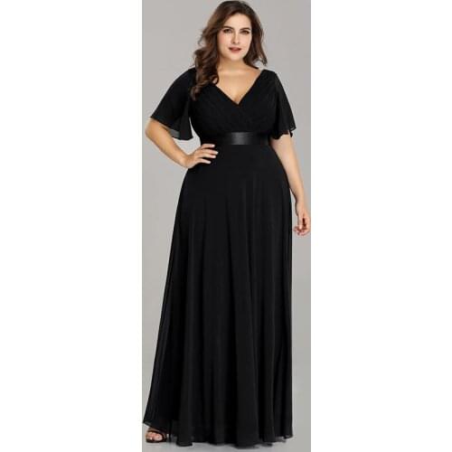 Fashion Deep V-Neck Evening Dress Simple Short Sleeves Zipper Back A-Line Pleat Floor-Length Plus Size Women Formal Gowns D961