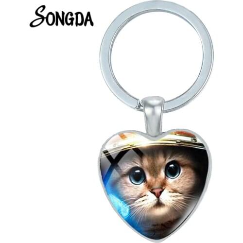 Fashion Cute Little Cat Keychain Kawaii Kitten Anime Animal Fun Photo Glass Heart Shaped Key Ring for Pet Lovers Jewelry