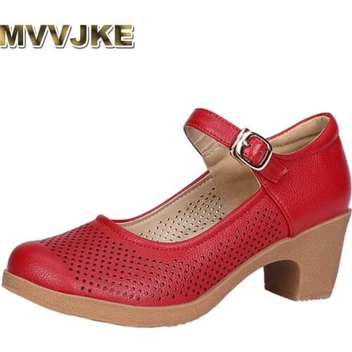 MVVJKE summer sandals ethnic style mother shoes leather middle-heel hole shoes middle-aged womens Thick with leather shoes