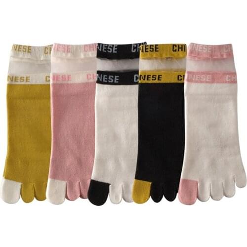 Transparent Glass Silk Summer Cotton Five Finger Socks Short Tube English Letter Fashion Cotton Thin Split Toe Socks Women