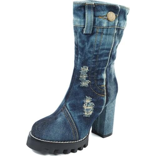 New canvas womens autumn winter high heel middle tube denim thick heel womens Martin boots size 35- 41