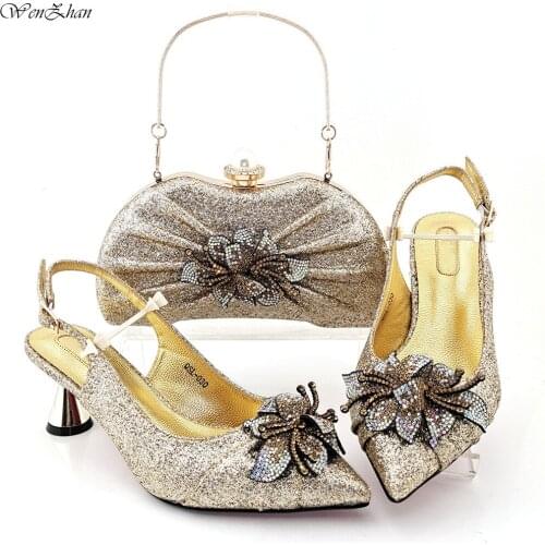 New L.Gold Fashion Style Italian Design Ladies Shoes and Bags To Match Set Decorated With Appliques For Party Use B13-20