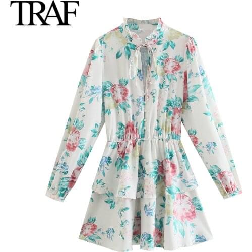 Traf Za Women Fashion Bow Long Sleeve Dresses Vintage Floral Dresses Loose A-line Mini Dress Vestidos Mujer