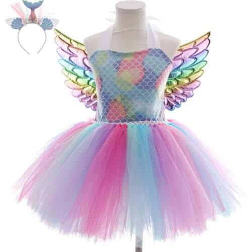 Cosplay Mermaid Princess Dress for Girl Sparkly Mermaid Children Girls Tutu Dress for Party Photograph Scalloped Fluffy Dress