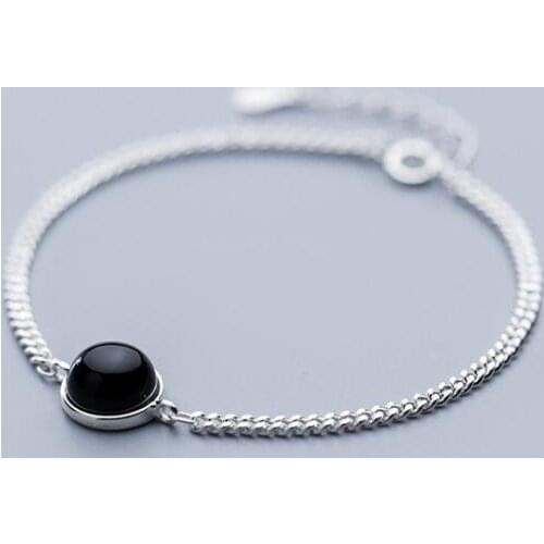 Authentic Retro REAL. 925 Sterling Silver Fine Jewelry HBLACK AGATE Stone cuban chain Bracelet GTLS816