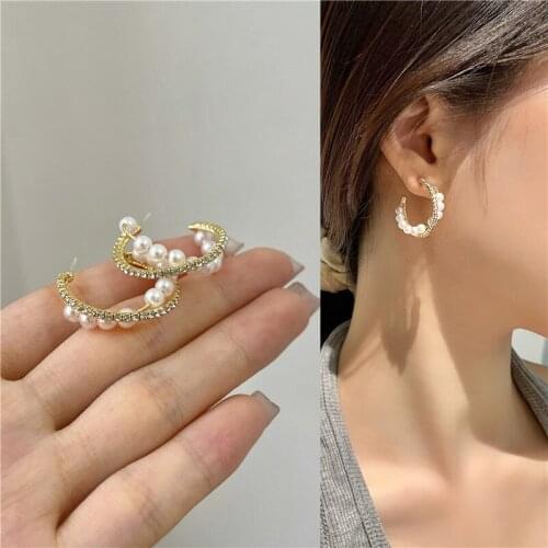 Korean Style Temperament Round Circle Double-layer Pearl Stud Earrings Fashion C Shaped Shinny Rhinestone Earrings For Female