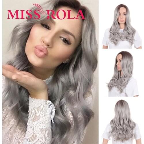 MISS ROLA Long Wavy Black Gray Synthetic Wigs With Bangs Natural Cosplay Hair for Women Heat Resistant
