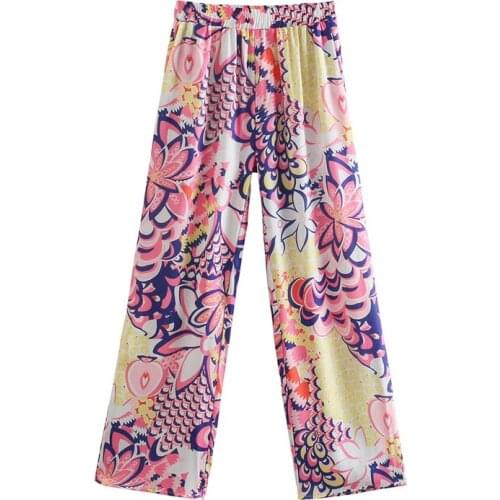 TRAF Women 2021 Fashion Vintage Color Match Floral Printing Casual Wide Leg Pants Retro Side Pocket Long Trousers Streetwear
