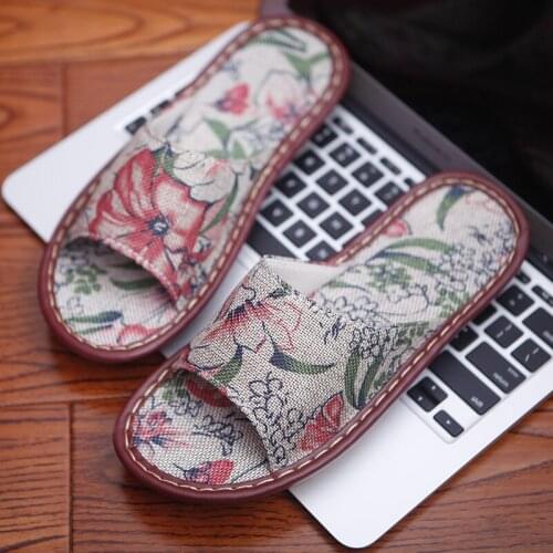 Womens Summer Slippers Anti-Skip Floral Prints Linen Couples Indoor Slippers Anti-Smell Home Shoes for Men