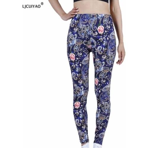 LJCUIYAO Sexy Leggings Women High Waist Fitness Push Up Sport Ankle-Length Navy Red Floral Polyester Knitted Workout Jeggings