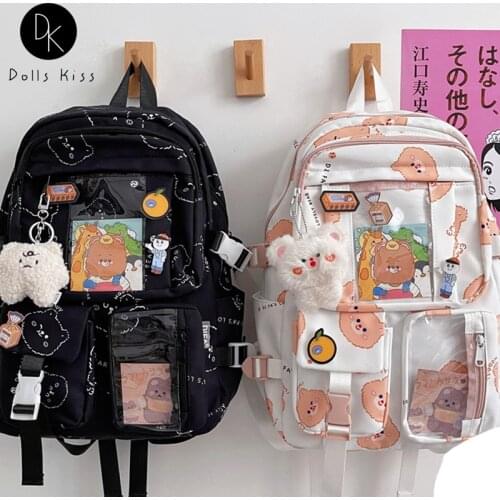 Female Japanese Harajuku Ita Bag Ladies Retro Kawaii Bear Print Backpack New Cute Pendant Large Capacity Student School Bag
