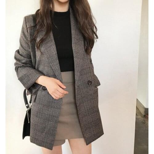 Womens Coat 2020 Retro Plaid Blazer Double Breasted Jacket Ladys Office Business Jacket Womans Suit Classic Style Suit Jacket