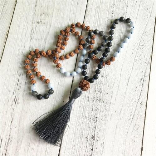 108 Mala Beads Necklace Rudraksha & Lava Stone & Labradorite Necklace Knotted Meditation Prayer Jewelry Mens Tassel Necklaces