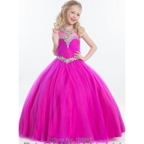 2016 FREE SHIPPING Ball Gown Flower Girls Dresses for Weddings O Neck Beads Tiered Floor Length Organza Girls Pageant Dresses