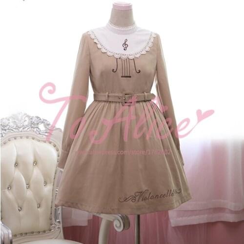 2016 Spring Cute Girls Vintage Violin Embrodiery Letters Long Sleeve Stand Round Collar Dress Lolita Music Note Dress Waist Belt