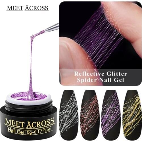 MEET ACROSS 4PCS Reflective Drawing Nail Gel Polish Set Super Stretch Spider Gel Set Nail Art Color Painting Polish