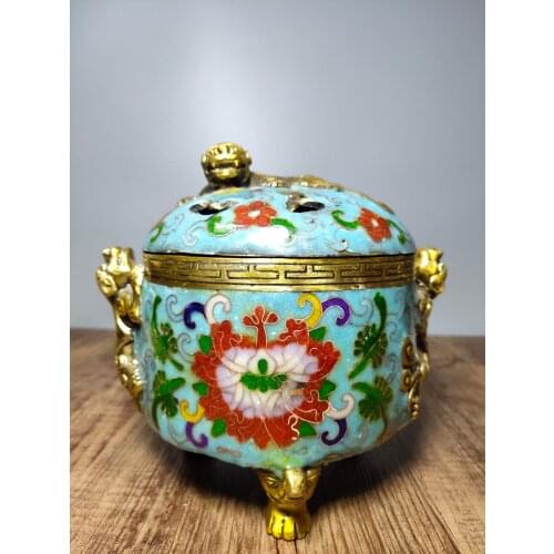 6" Tibet Buddhism Old bronze Cloisonne Enamel Three-legged incense burner Chilong statue Incense Pixiu statue Brave troops