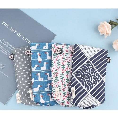 Modern Style Outdoor Battle Holder Bag Flexible Bottle Cover Bag Portable Bottle Cover Floral Printing Cotton Linen Cup Covers