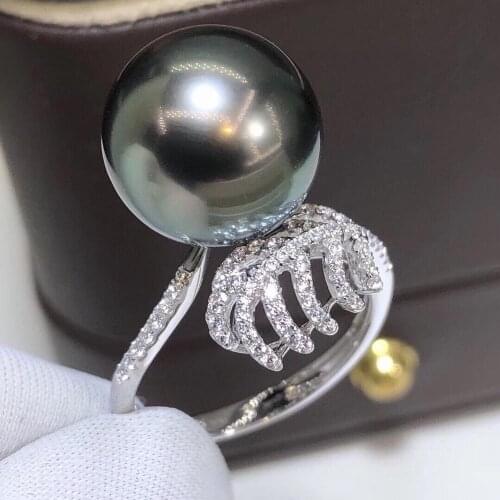 D528 Pearl Ring Fine Jewelry Solid 14K Gold Round 10-11mm Nature Sea Water Tahiti Black Pearls Rings for Women Presents
