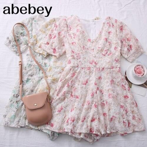 2021 New Summer V-neck embroidery hollow out hook pattern short Jumpsuit floral high waist slim Chiffon Jumpsuit wide Leg Pants