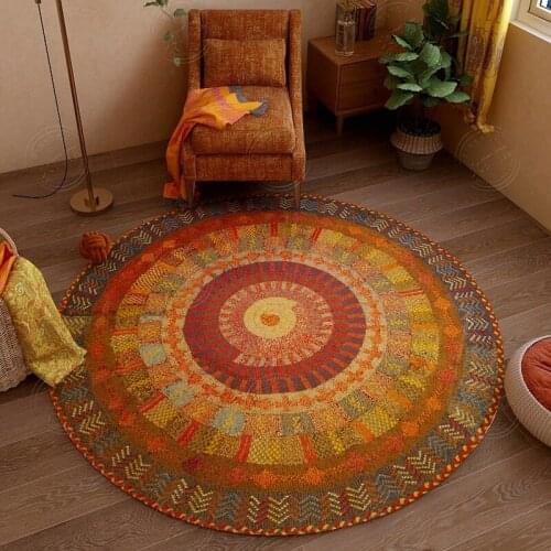 Bohemian Style Round Carpet Vintage Household Psychedelic Printed Living Room Hanging Basket Decor Non-slip Thicken Chic Rugs