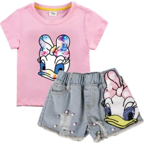 Summer Kids Clothes Cartoon Daisy Duck Shirt&Sequin Embroidery Broken Hole Denim Shorts Pretty Party Little Girls Outfits Set