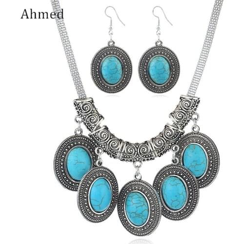 Ahmed Retro Antique Synthetic Stone Water Pendant Necklace Earrings Sets for Women Fashion Boho Vintage Jewelry Set Gifts