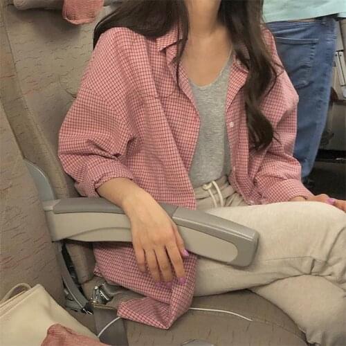 Womens Shirts Ulzzang Japanese Kawaii Ladies Vintage Casual Loose Plaid Shirt Female Korean Harajuku Cute Clothes for Women