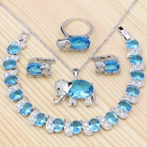 Silver 925 Jewelry Sets For Women Sky Blue Cubic Zirconia Elephant Shaped Ring Bracelet Necklace Pendant Stud Earrings Set
