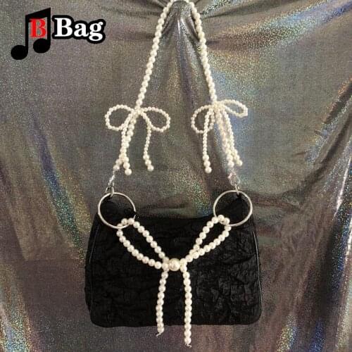 Womens shoulder bag girl Retro French bag Pearl bow chain Handbag messenger bag female fold popular underarm bag Satchel