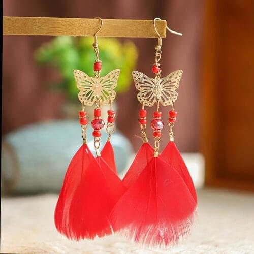 Red Feather Tassel Bride Wedding Earrings For Women Fashion Golden Butterfly Hollow Bohemian Earring Boho Ethnic Jewelry brincos