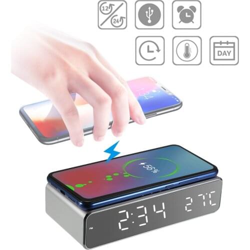 LED Digital Alarm Clock Electronic Table clocks Desktop clock with Thermometer Wireless Charger For Samsung Xiaomi Huawei