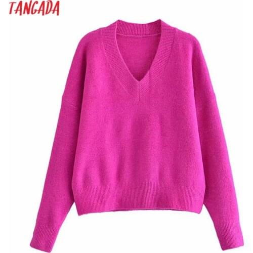 Tangada Women Warm Thick Hotpink Oversized Knitted Sweater Jumper Long Sleeve Female Pullovers 3H285